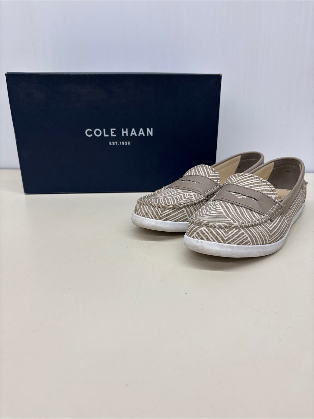 Cole Haan Taupe & White Geometric Slip-On Loafers